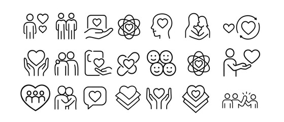 Charity, love, friendship, care icon set in outline style. Editable stroke vector illustration, flat icons on white background, minimalist concept, pixel perfect, png, kindness, humanity.