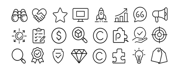 Corporate identity and branding editable stroke outline icon set, flat icon pack, logo design elements, business marketing, minimalist concept, vector illustration, white background.