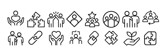 Obraz premium Teamwork icon set in line style. Collaboration, cooperation, handshake, unity, business team, people, help, group, agreement, partnership, management, vector illustration, png.
