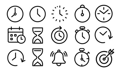 Clock and timer icon set. Stopwatch, hourglass, alarm, countdown, wall clock, schedule, time tracking, reminder, analog, vector illustration, time icon collection, png.