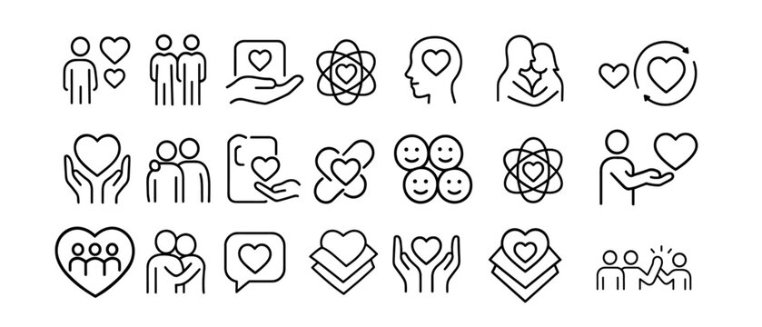 Charity, love, friendship, care icon set in outline style. Editable stroke vector illustration, flat icons on white background, minimalist concept, pixel perfect, png, kindness, humanity.