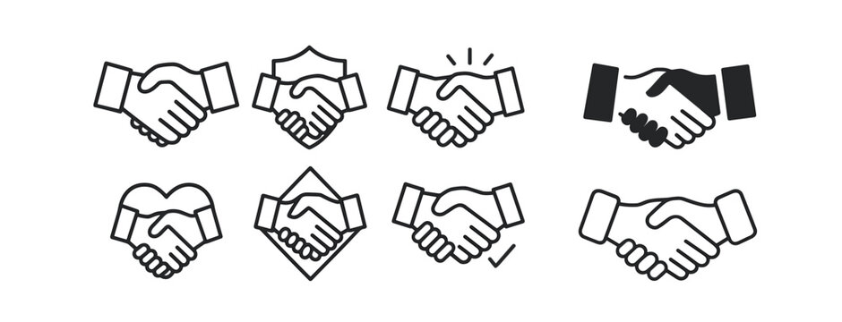 Handshake icon set, business agreement handshake, partnership deal symbol, friendly gesture, team collaboration concept, ui symbol, corporate deal, vector illustration.