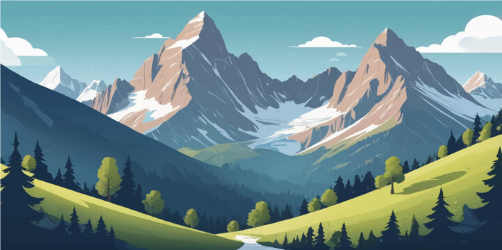 Panoramic landscape of the Swiss Alps with snowy peaks trees and mountain views