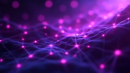 An abstract quantum network composed of violet and purple glowing nodes interconnected in a fractal-like digital grid, floating in deep space. Generative Ai.