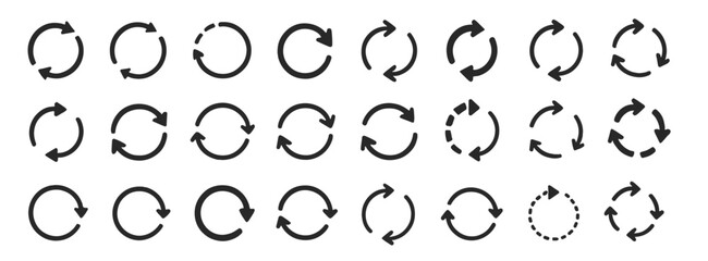 Circle arrows icon set, round rotate symbol, reload sign, repeat arrow icon, refresh loop, curved direction, circular motion, vector illustration, cycle, sync, flat png.
