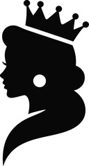 A black silhouette of a woman in profile wearing a crown and a large earring on a white background