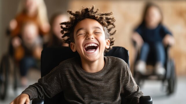 A joyful child in a wheelchair smiling broadly, surrounded by friends, embodies positivity and inclusivity, showcasing the beauty of friendship and shared happiness.