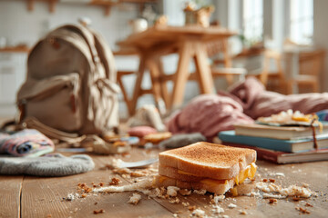 Messy kitchen filled with scattered books, toasts, backpack and socks on the floor. Morning chaos during school preparation and everyday family routine
