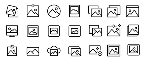 Gallery icon, image symbol, photo icon set, picture element, artwork interface, multimedia icon, vector illustration, content design, creative sign, website asset.