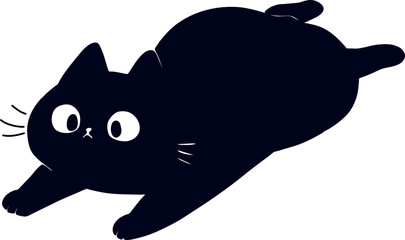 Cute black cat lying down with wide eyes, cartoon pet illustration, playful feline character for animal lovers.