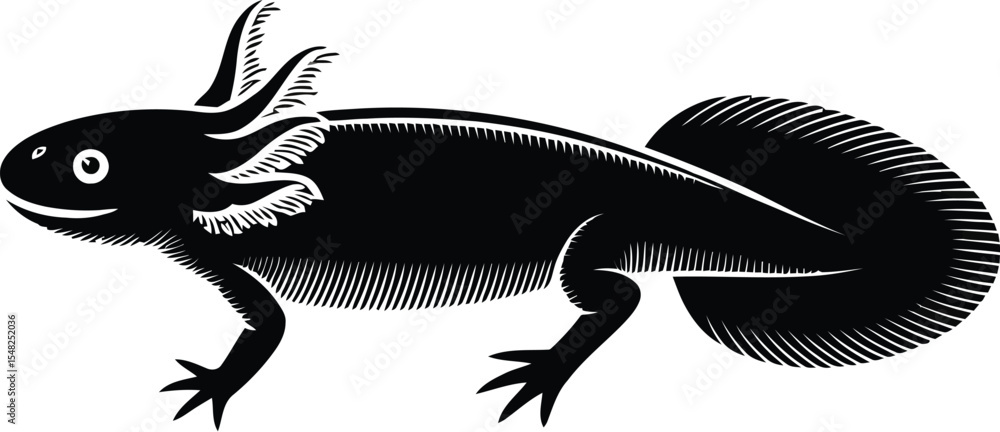 Aufkleber a stylized black axolotl with feathery gills and a large tail on a plain white background design ima