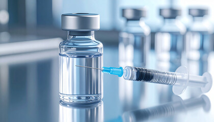 Vaccination Vial: A close-up shot highlights a vial of vaccine and a syringe, representing vaccination, immunization, healthcare, and medical advancements.