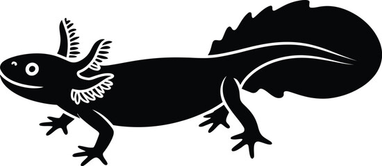 A black silhouette of an axolotl with feathery gills and a curved tail on a white background image