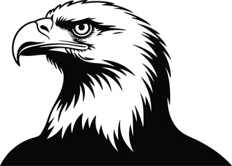 A monochrome illustration of an eagle's head with sharp details and a determined expression on white