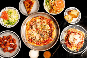 Pizzeria food flat lay composition