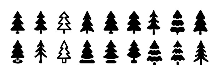 Fir tree silhouettes, isolated on white background, tree icon set, forest shapes, pine branches, conifer vector illustration, nature symbols, evergreen design, seasonal elements, landscape.