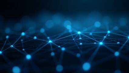 A futuristic digital neural network with glowing electric blue nodes and thin interconnected lines, forming a complex web structure. Generative Ai.