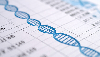 DNA Double Helix on Data Sheet: Close-up view of a meticulously drawn DNA double helix superimposed on a detailed data sheet, representing the intersection of genetic research and data analysis.