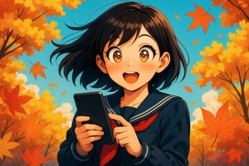 Surprised Schoolgirl Looking at Her Smartphone &ndash; Anime Style