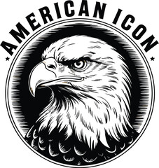Illustration of an eagle head with american icon text in a circular frame on a beige background