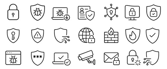 Fototapeta premium cyber security icon set, data protection, network protection, computer security, technology defense, firewall, encryption, secure access, vector illustration.