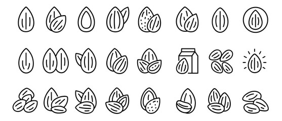 Almond icon set, nut vector illustration, healthy snack, organic food, natural ingredient, vegetarian, vegan food, raw nuts, superfood, plant based, vector illustration.