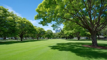 Fototapeta premium Lush green meadow surrounded by trees and a clear blue sky, perfect for enjoying the spring or summer outdoors with family and friends