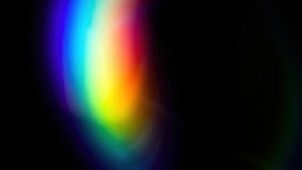 Blurred rainbow refraction overlay effect. Light lens prism effect on black background. Holographic reflection, crystal flare leak shadow overlay. Colorful rainbow disco ball light