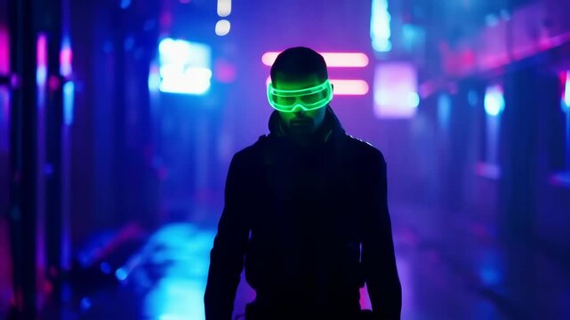 Cyberpunk Vigilante Strolls Through Neon-Lit Cityscape at Night A Futuristic Vision
