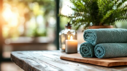 A serene spa setting featuring neatly rolled towels, a glowing candle, and lush greenery, creating a relaxing atmosphere perfect for wellness, comfort, and pampering treatments.
