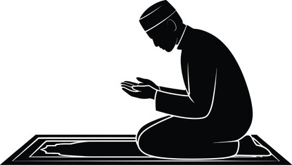 Silhouette of a muslim man in prayer kneeling on a prayer rug with hands raised in supplication art