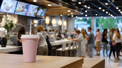 A pink travel tumbler stands on the counter while customers wait in line to place their orders at a fast food restaurant