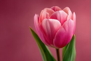 Fototapeta premium Dew-kissed pink tulip with green leaves on soft pink background