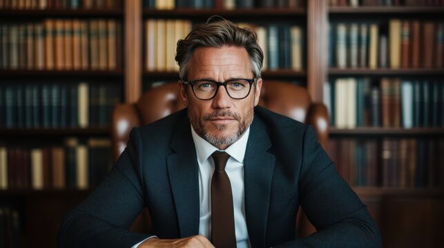 A confident male lawyer in a tailored suit sits poised in a classic library office, surrounded by books, exuding professionalism and authority for legal practice.