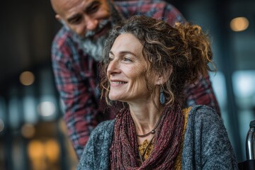 Loving older woman comforts her disabled husband at their home during the afternoon