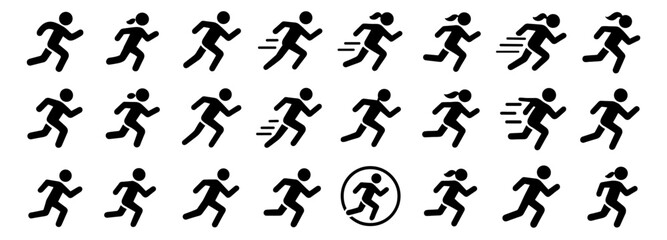 Fast running man icon, woman jogging symbol, people sprinting silhouette, athletic movement vector illustration, sports activity sign, exercise concept, isolated, fitness, training, race.