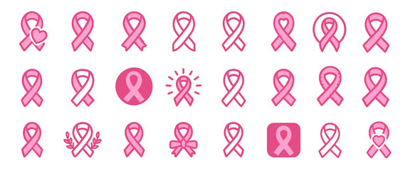 Pink ribbon icon set, breast cancer awareness symbols, isolated on white, health support vector illustration, oncology emblem, charity sign, cancer prevention awareness, hope, medical campaign.