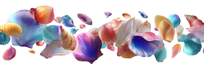 Vibrant realistic seashells in motion, isolated transparent background