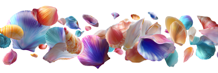 Vibrant realistic seashells in motion, isolated transparent background