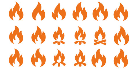 Flame silhouette icons set, bonfire, fire shapes, blaze symbols, flat burning flames vector illustration, wildfire icon collection, ignition symbol, combustion graphics, vector illustration.