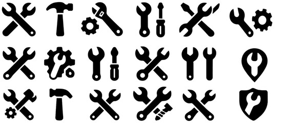Fototapeta premium Wrench and screwdriver, hammer tool icons set, adjustment wrench, repair settings gear, maintenance toolkit concept, mechanic instrument, vector illustration, service symbol, equipment, labor tools.