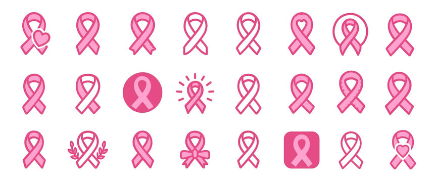 Pink ribbon icon set, breast cancer awareness symbols, isolated on white, health support vector illustration, oncology emblem, charity sign, cancer prevention awareness, hope, medical campaign.
