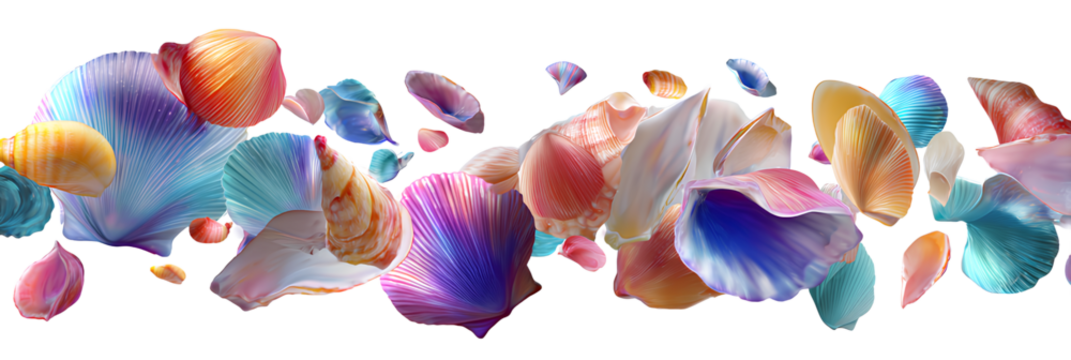 Vibrant realistic seashells in motion, isolated transparent background