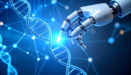Robotic arm DNA manipulation: Close-up of a sophisticated robotic arm manipulating a DNA strand against a backdrop of intricate network connections.
