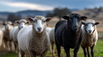 Fototapeta premium White and black sheep in pasture: flock grazing on lush green meadow with hills in background
