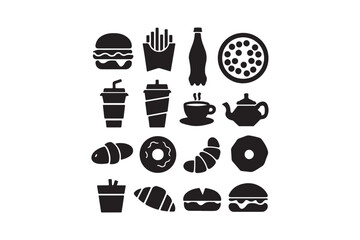 Food Icon Set Fast Food, Snacks, Drinks, and Bakery Silhouettes