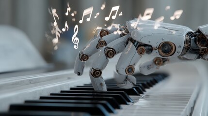 Robotic hand playing piano with musical notes floating above