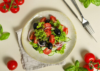 Fresh Mediterranean Salad with Lettuce, Tomatoes, Olives and Onion – Top View