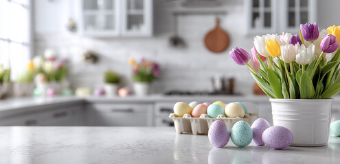 A modern kitchen with white cabinets and walls, featuring tulips in pastel colors placed on the countertop near Easter eggs, creating an atmosphere of springtime celebration