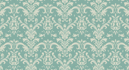 Fototapeta premium Elegant Damask Pattern in Pale Beige on Turquoise Background, Sophisticated and Classic Aesthetic for Luxurious Interiors and Designs